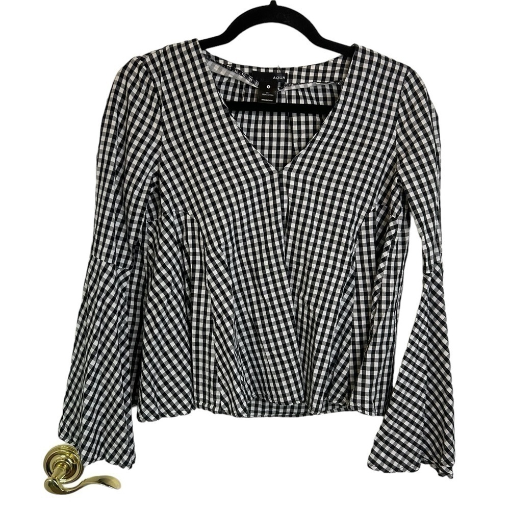 Aqua Black and White Gingham Plaid Long sleeve Blouse w Bell Sleeves Size Small
